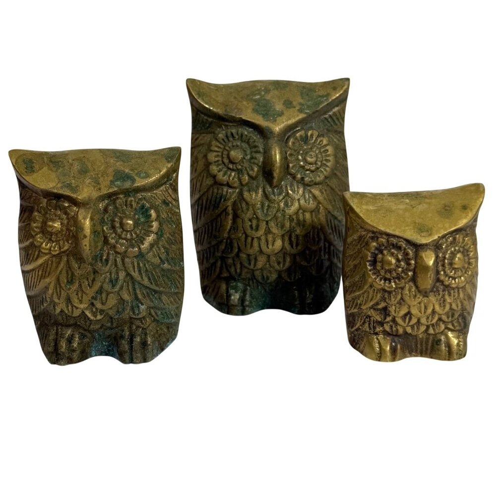Mid Century Modern Brass Owl Family of Three - Hoot Wise Owls By Leonards